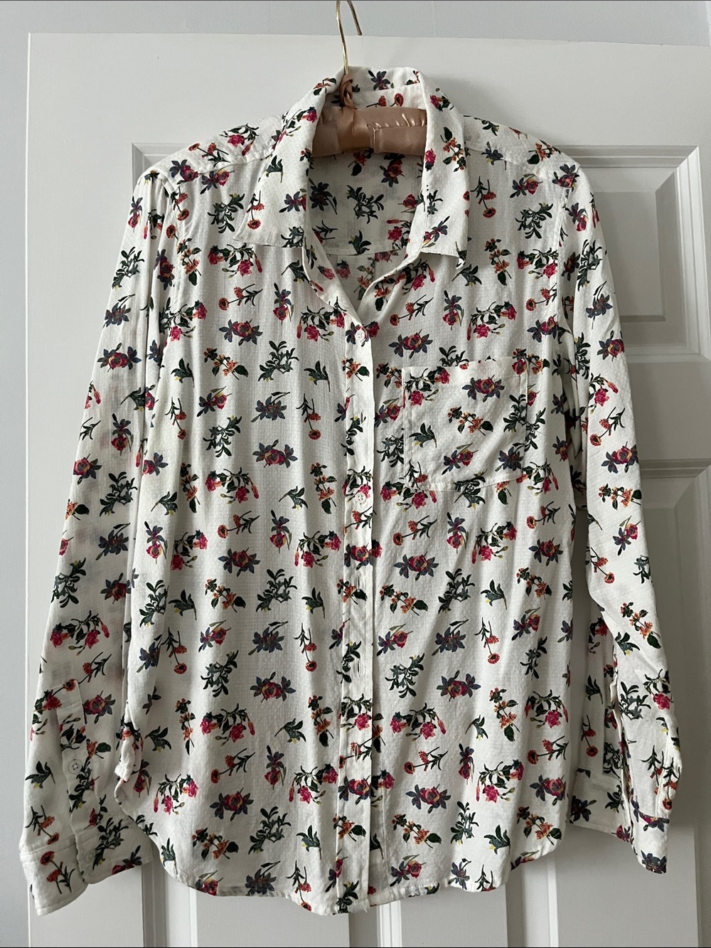 Lucky Brand White Button-Down Shirt with Pink & Green Floral Print